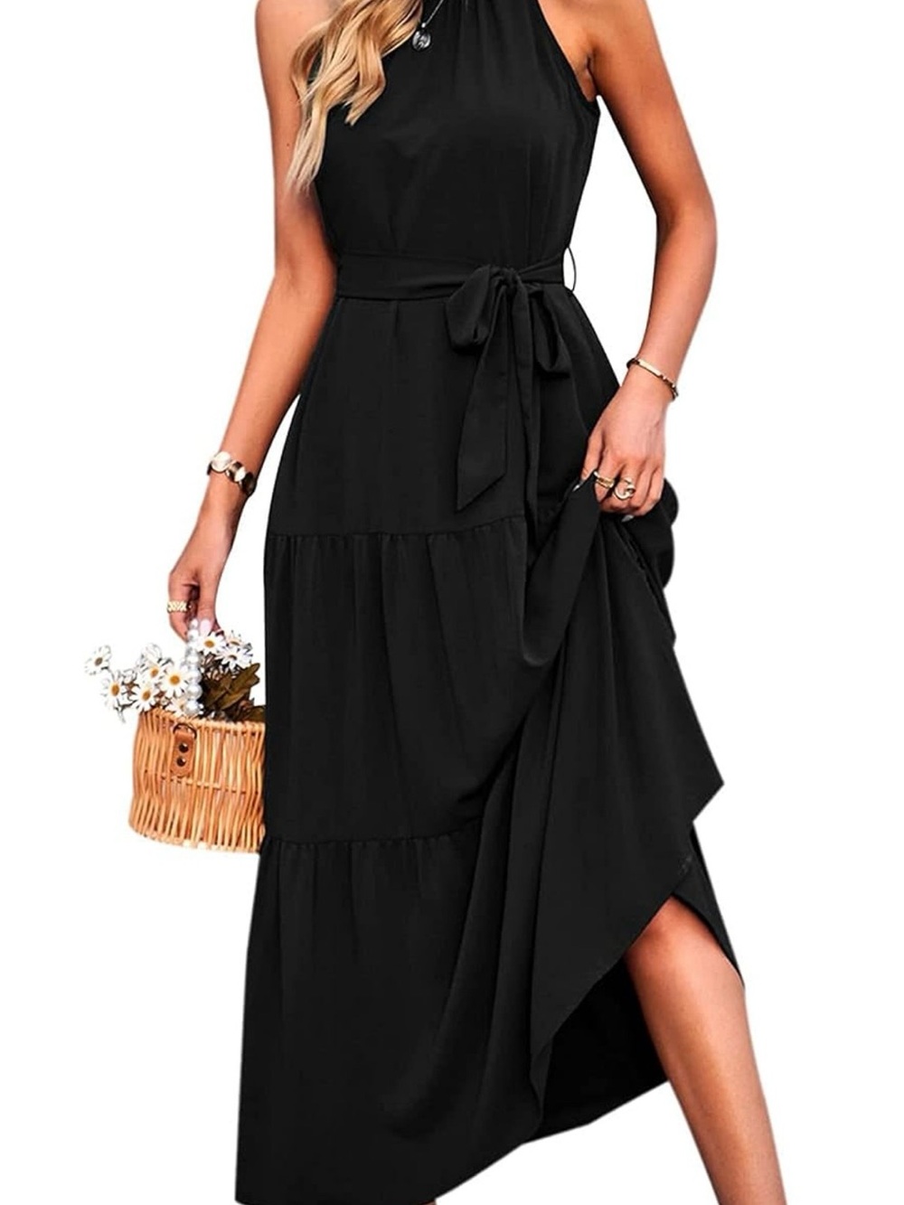 Sleeveless Black Halter Tiered Maxi Dress with Waist Tie